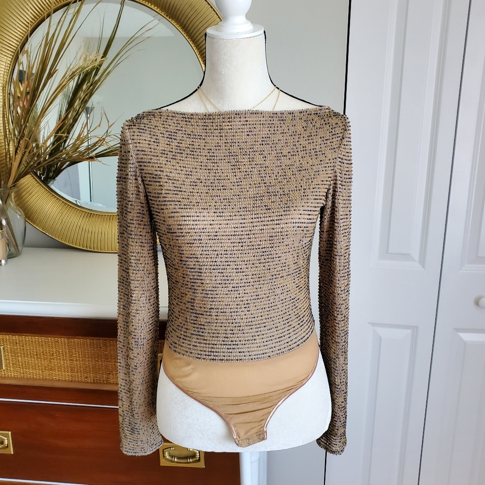 Sequin beaded long sleeve tan thong bodysuit